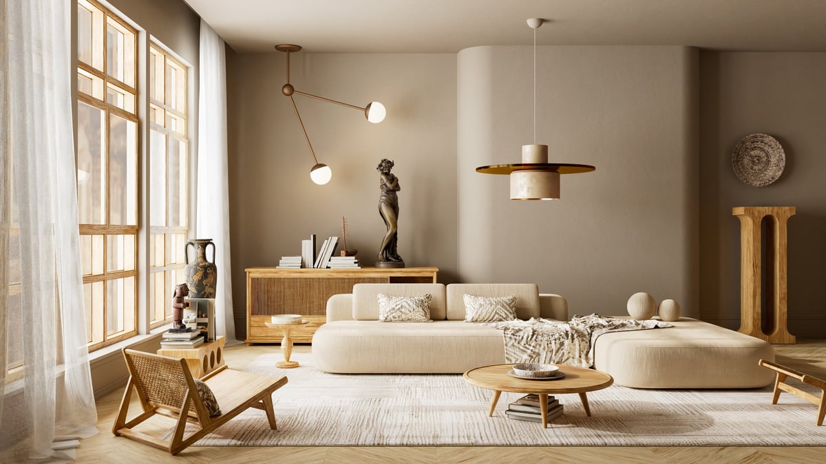 Modern living room with trendy warm beige paint, Japandi style interior design